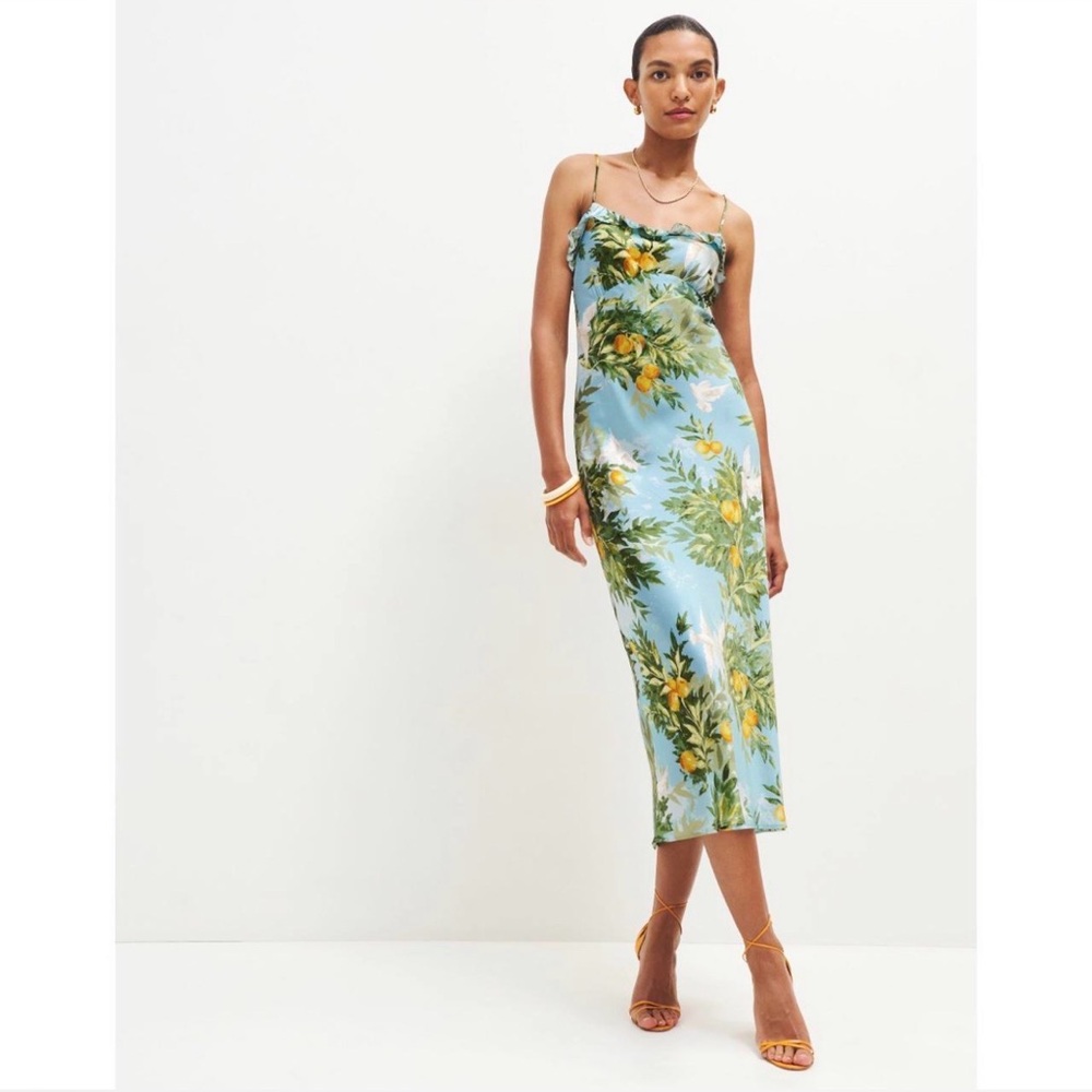 Reformation Arabella‎ 100% Silk Slip Dress in Villa Livia Blue Lemon Print